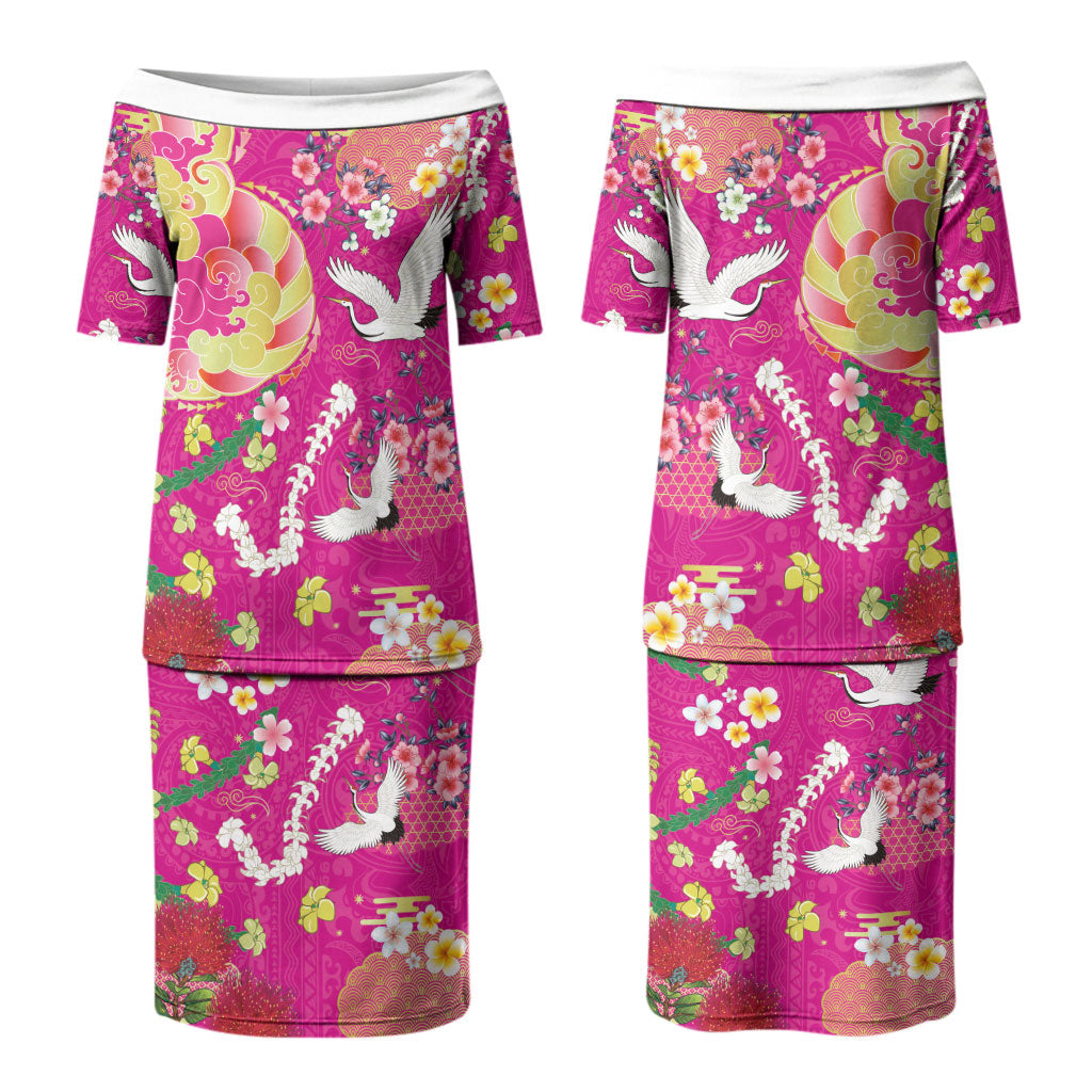 Hawaiian and Japanese Culture Together Couples Matching Puletasi and Long Sleeve Button Shirt Kakau Tribal Pattern and Irezumi Art Pink Color