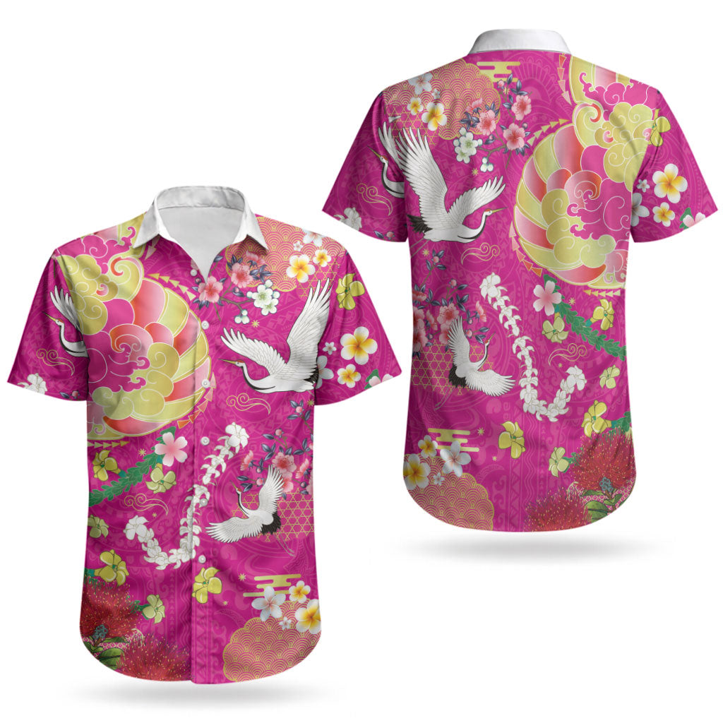 Hawaiian and Japanese Culture Together Couples Matching Summer Maxi Dress and Hawaiian Shirt Kakau Tribal Pattern and Irezumi Art Pink Color