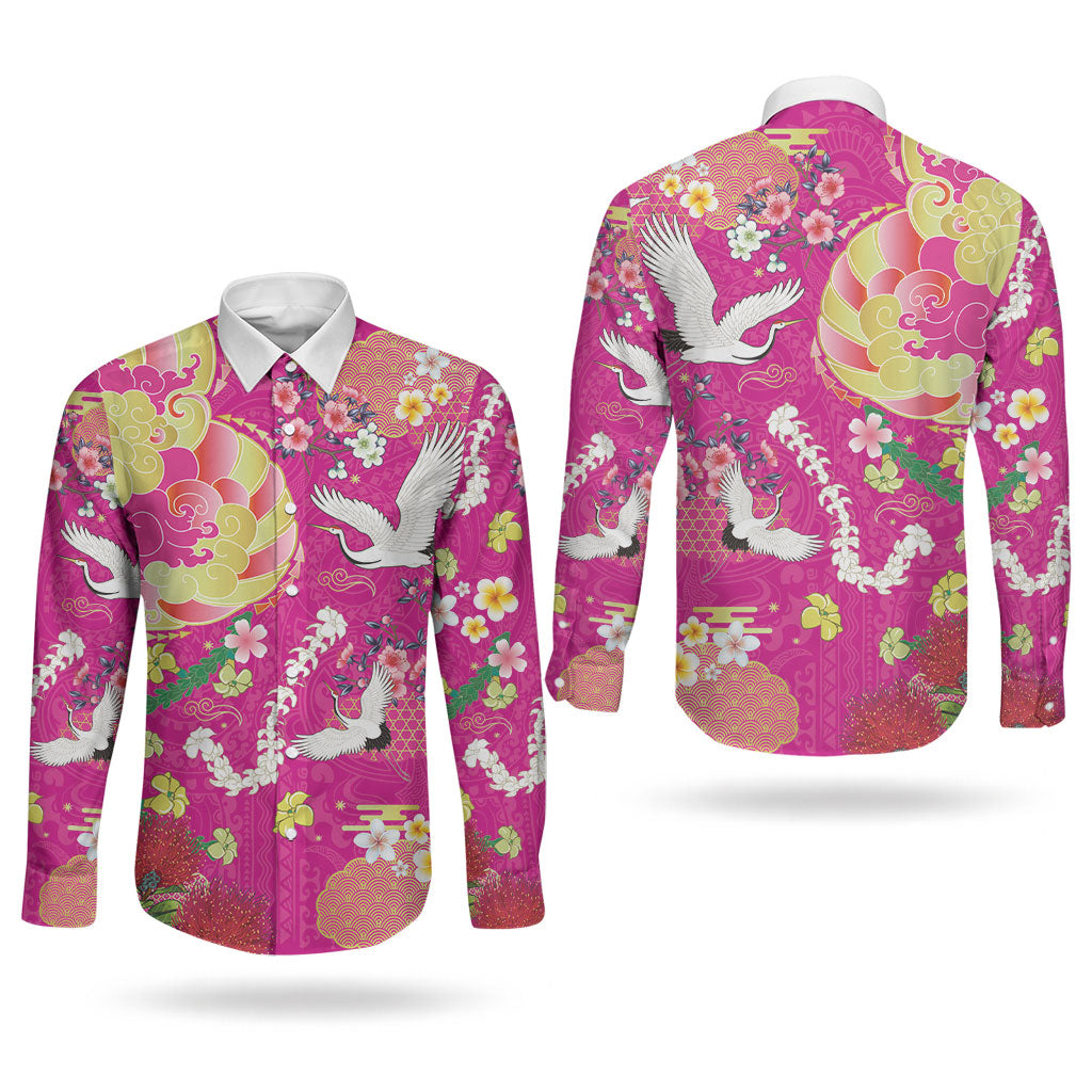 Hawaiian and Japanese Culture Together Couples Matching Summer Maxi Dress and Long Sleeve Button Shirt Kakau Tribal Pattern and Irezumi Art Pink Color