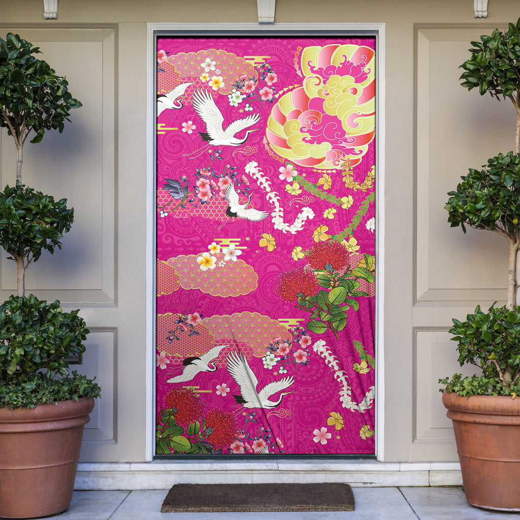 Hawaiian and Japanese Culture Together Door Cover Kakau Tribal Pattern and Irezumi Art Pink Color