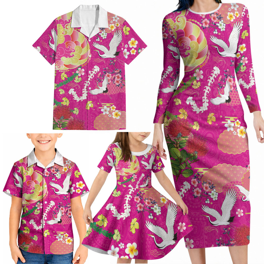 Hawaiian and Japanese Culture Together Family Matching Long Sleeve Bodycon Dress and Hawaiian Shirt Kakau Tribal Pattern and Irezumi Art Pink Color LT03 - Polynesian Pride