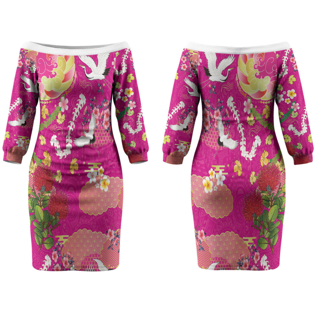 Hawaiian and Japanese Culture Together Family Matching Off The Shoulder Long Sleeve Dress and Hawaiian Shirt Kakau Tribal Pattern and Irezumi Art Pink Color