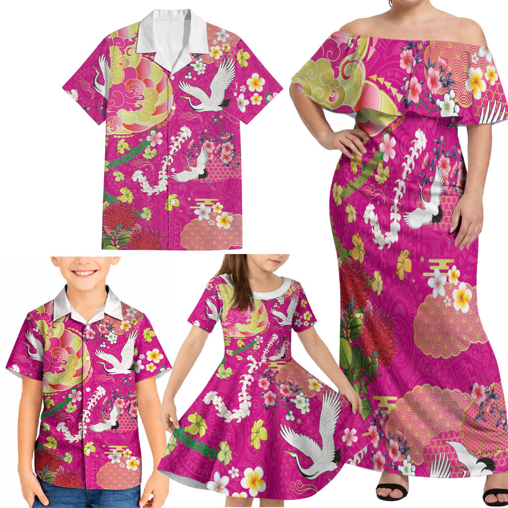 Hawaiian and Japanese Culture Together Family Matching Off Shoulder Maxi Dress and Hawaiian Shirt Kakau Tribal Pattern and Irezumi Art Pink Color LT03 - Polynesian Pride