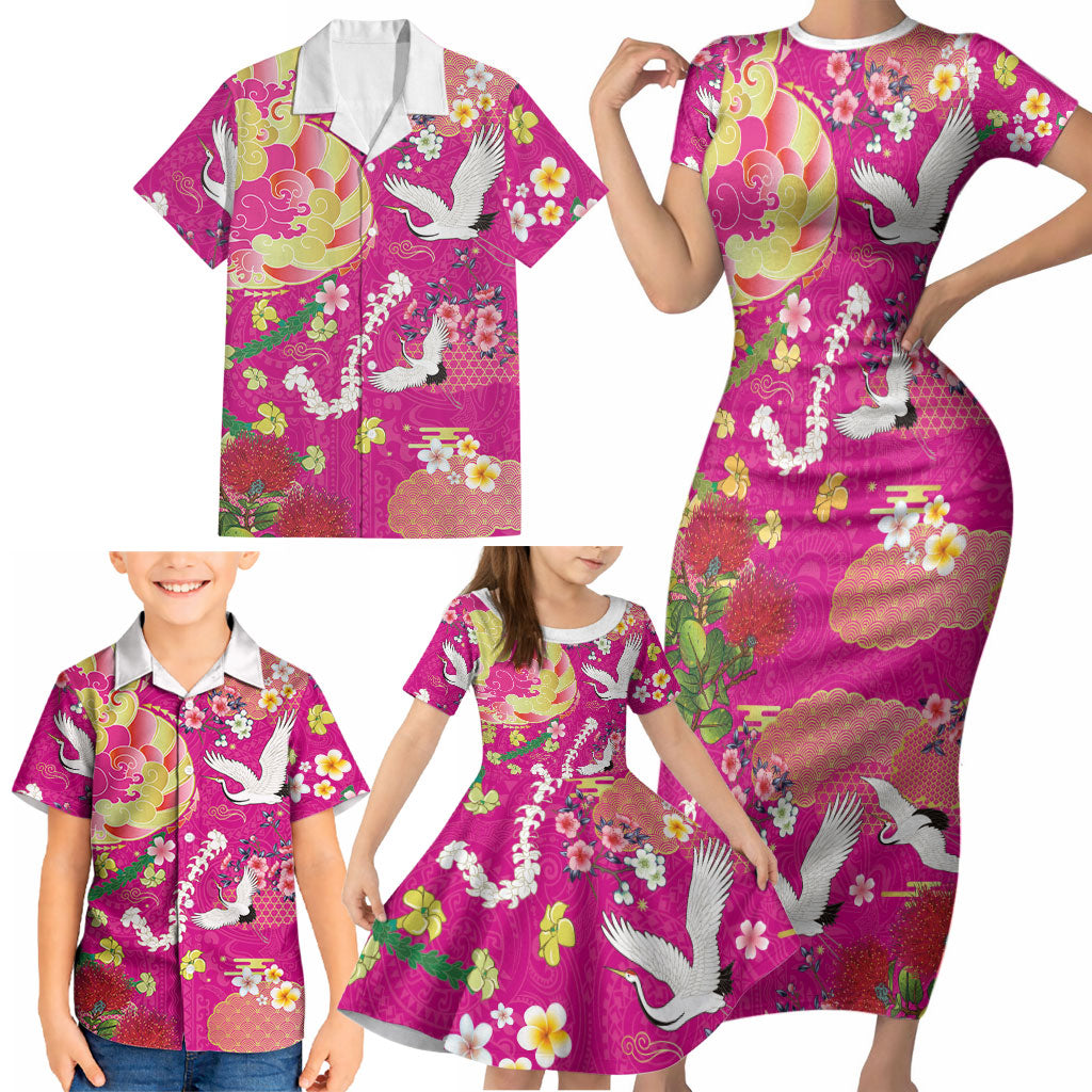 Hawaiian and Japanese Culture Together Family Matching Short Sleeve Bodycon Dress and Hawaiian Shirt Kakau Tribal Pattern and Irezumi Art Pink Color LT03 - Polynesian Pride
