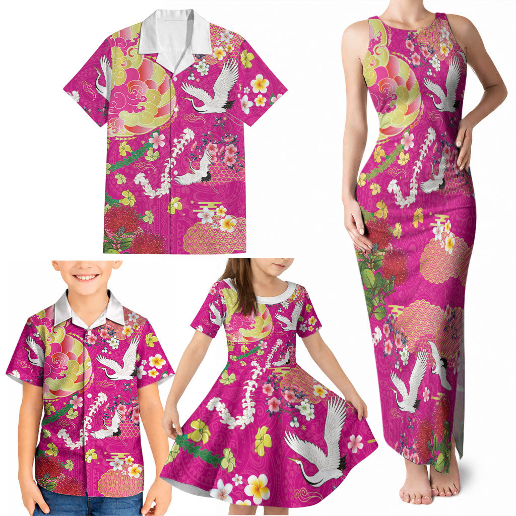 Hawaiian and Japanese Culture Together Family Matching Tank Maxi Dress and Hawaiian Shirt Kakau Tribal Pattern and Irezumi Art Pink Color LT03 - Polynesian Pride