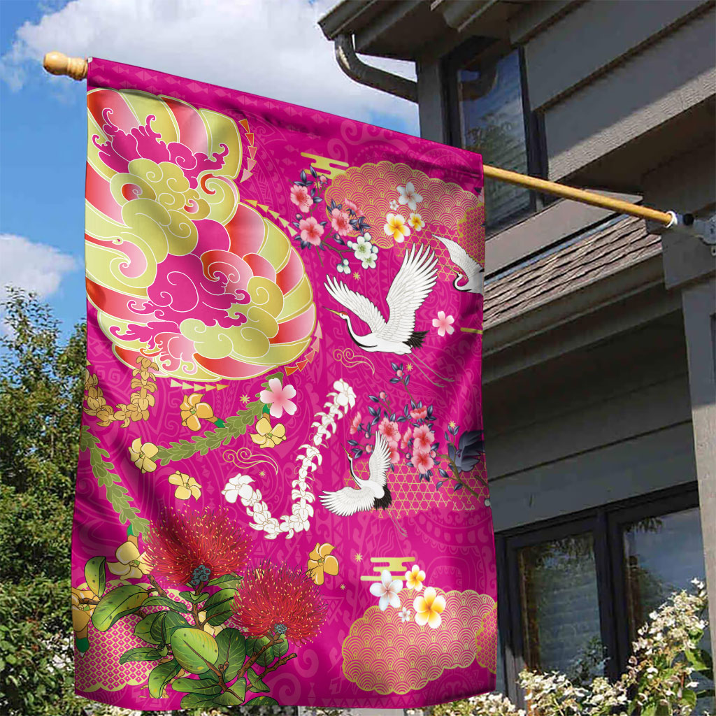 Hawaiian and Japanese Culture Together Garden Flag Kakau Tribal Pattern and Irezumi Art Pink Color