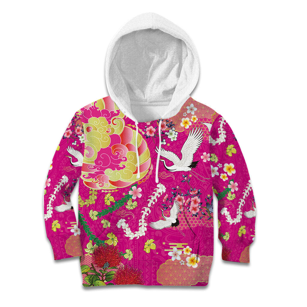 Hawaiian and Japanese Culture Together Kid Hoodie Kakau Tribal Pattern and Irezumi Art Pink Color