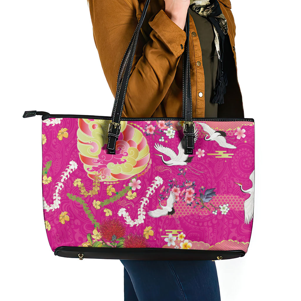 Hawaiian and Japanese Culture Together Leather Tote Bag Kakau Tribal Pattern and Irezumi Art Pink Color