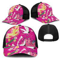 Hawaiian and Japanese Culture Together Mesh Trucker Cap Kakau Tribal Pattern and Irezumi Art Pink Color