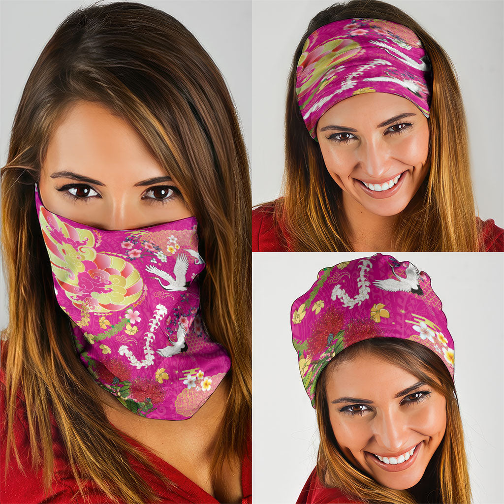 Hawaiian and Japanese Culture Together Neck Gaiter Kakau Tribal Pattern and Irezumi Art Pink Color