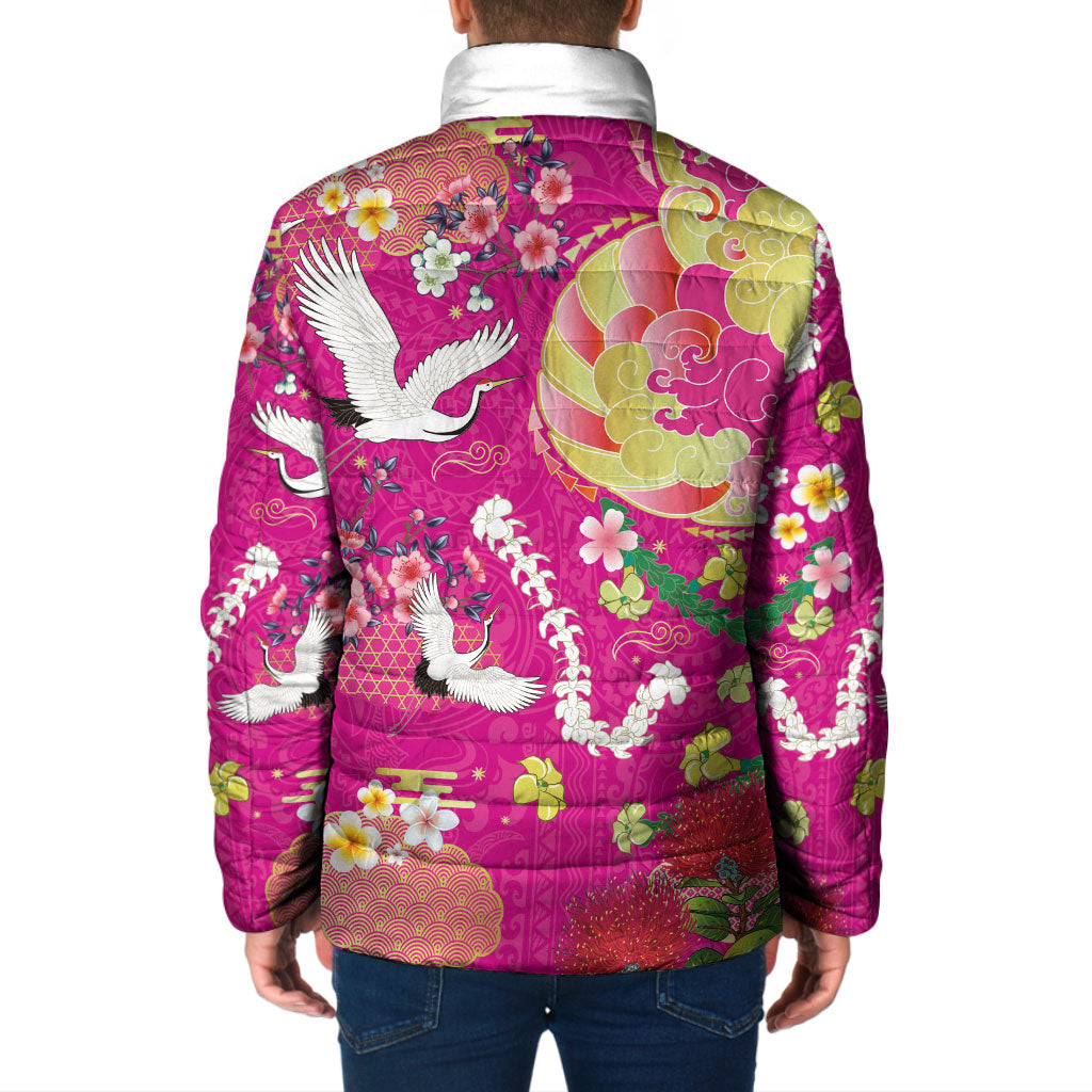 Hawaiian and Japanese Culture Together Padded Jacket Kakau Tribal Pattern and Irezumi Art Pink Color
