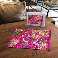 Hawaiian and Japanese Culture Together Puzzle Kakau Tribal Pattern and Irezumi Art Pink Color