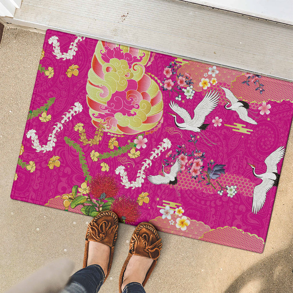 Hawaiian and Japanese Culture Together Rubber Doormat Kakau Tribal Pattern and Irezumi Art Pink Color