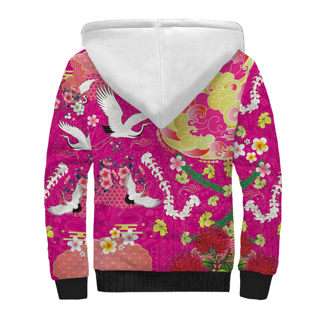 Hawaiian and Japanese Culture Together Sherpa Hoodie Kakau Tribal Pattern and Irezumi Art Pink Color