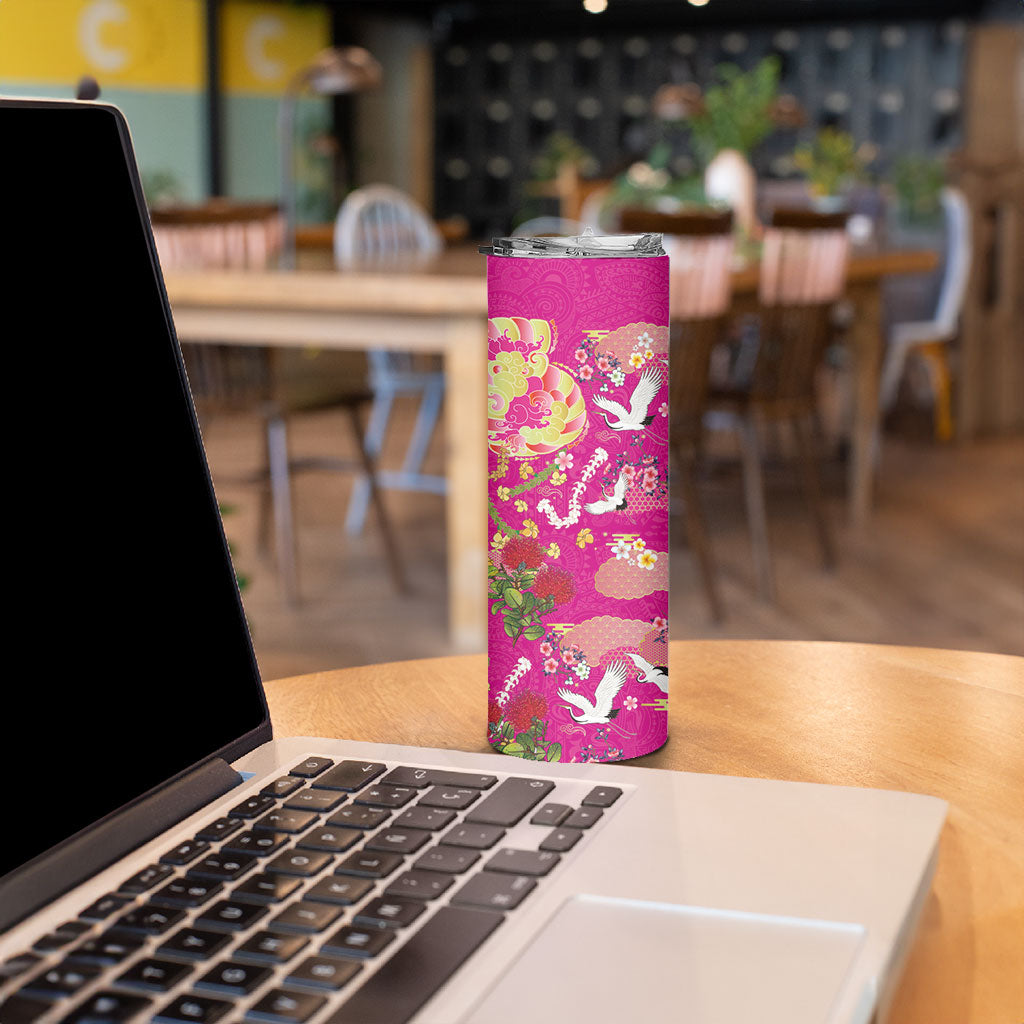 Hawaiian and Japanese Culture Together Skinny Tumbler Kakau Tribal Pattern and Irezumi Art Pink Color