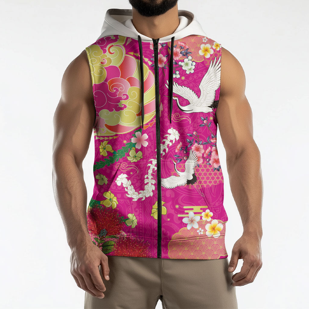 Hawaiian and Japanese Culture Together Sleeveless Zip Hoodie Kakau Tribal Pattern and Irezumi Art Pink Color