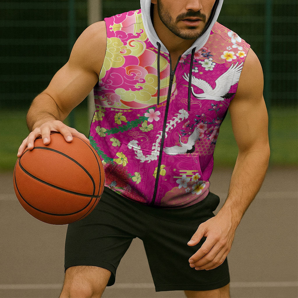 Hawaiian and Japanese Culture Together Sleeveless Zip Hoodie Kakau Tribal Pattern and Irezumi Art Pink Color