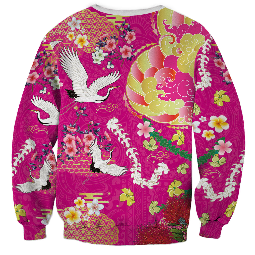 Hawaiian and Japanese Culture Together Sweatshirt Kakau Tribal Pattern and Irezumi Art Pink Color