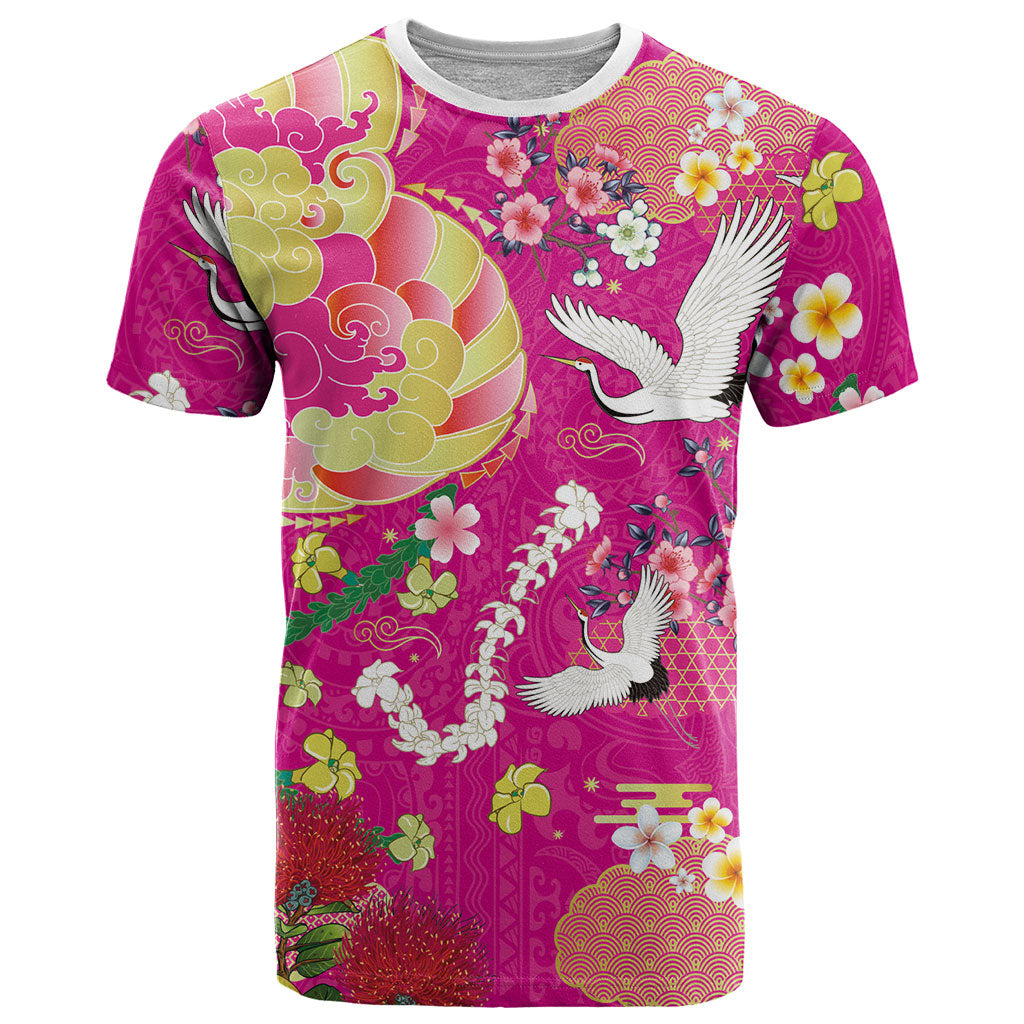 Hawaiian and Japanese Culture Together T Shirt Kakau Tribal Pattern and Irezumi Art Pink Color