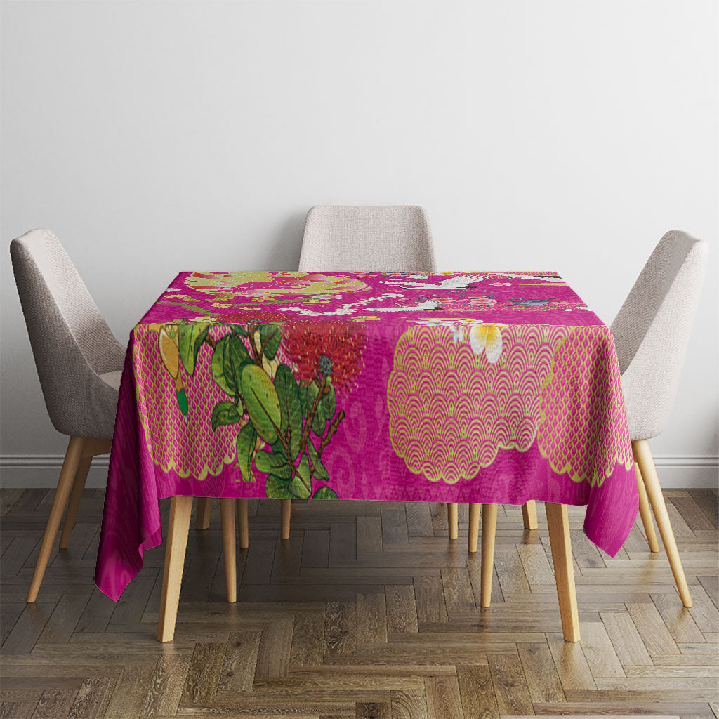 Hawaiian and Japanese Culture Together Tablecloth Kakau Tribal Pattern and Irezumi Art Pink Color