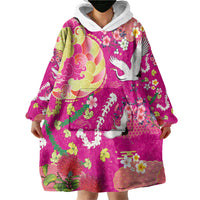 Hawaiian and Japanese Culture Together Wearable Blanket Hoodie Kakau Tribal Pattern and Irezumi Art Pink Color