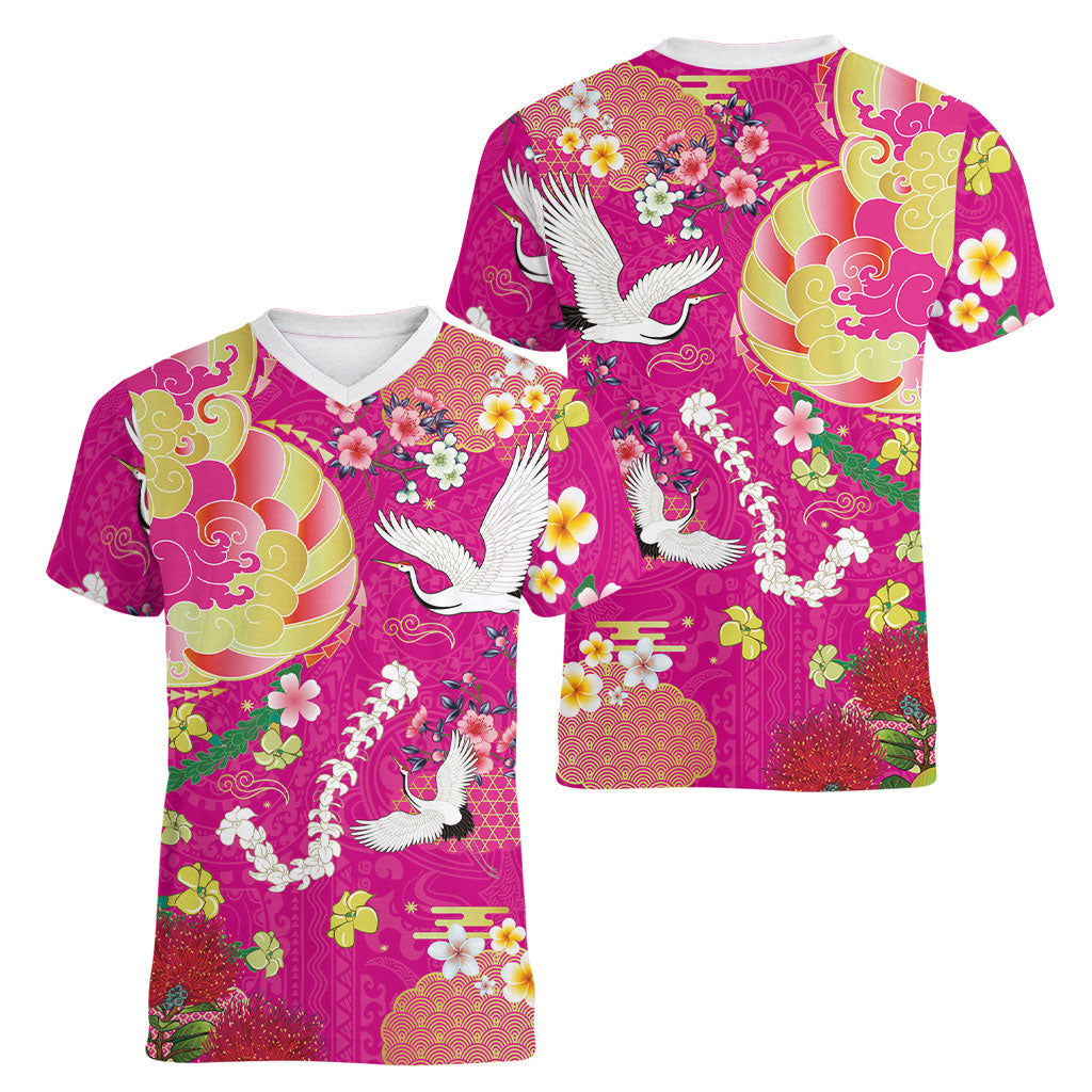 Hawaiian and Japanese Culture Together Women V-Neck T-Shirt Kakau Tribal Pattern and Irezumi Art Pink Color