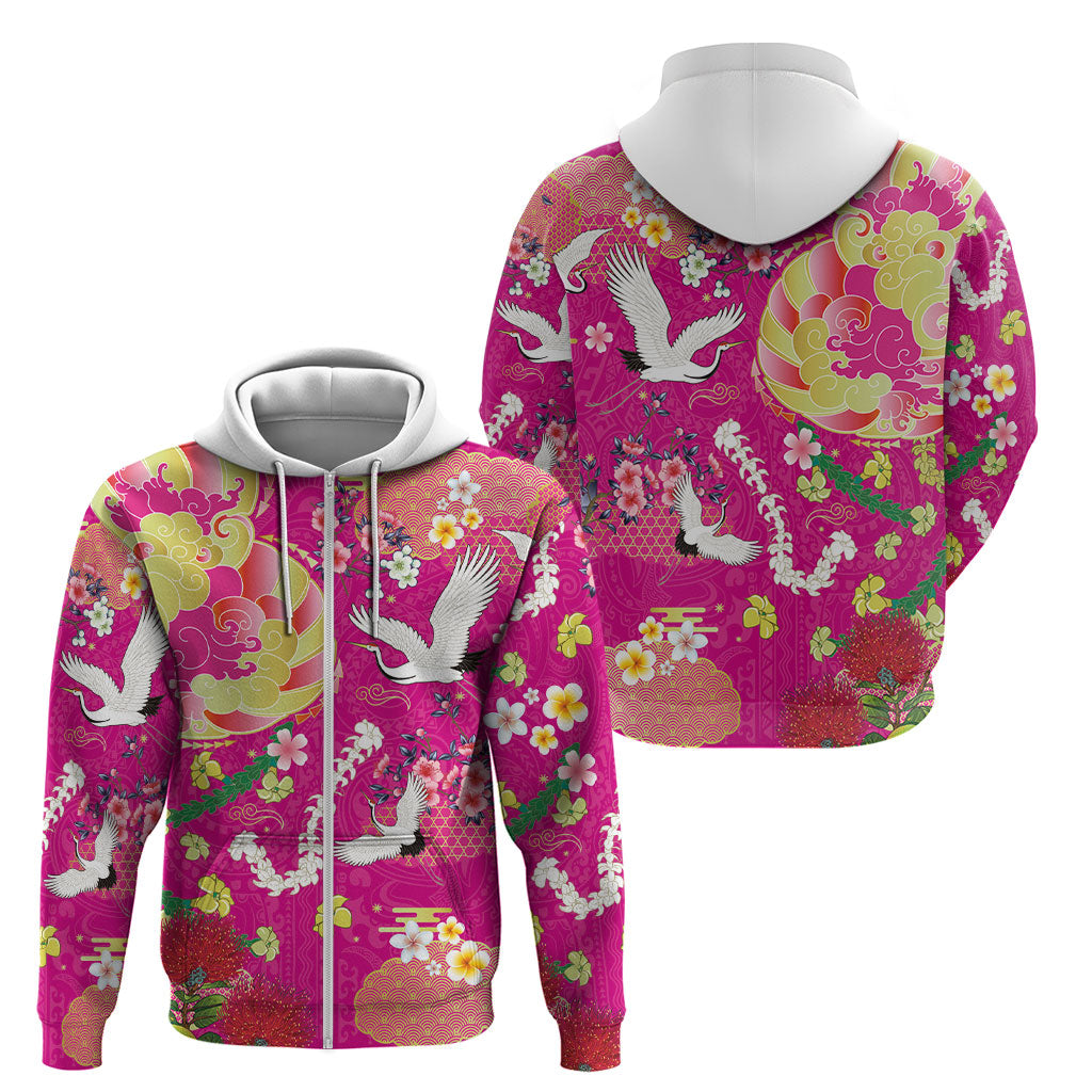 Hawaiian and Japanese Culture Together Zip Hoodie Kakau Tribal Pattern and Irezumi Art Pink Color