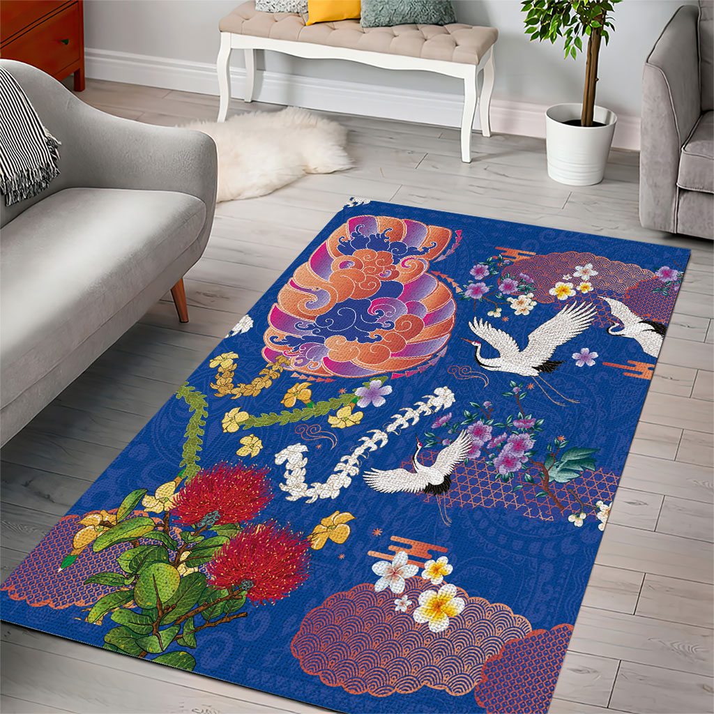 Hawaiian and Japanese Culture Together Area Rug Kakau Tribal Pattern and Irezumi Art Blue Color