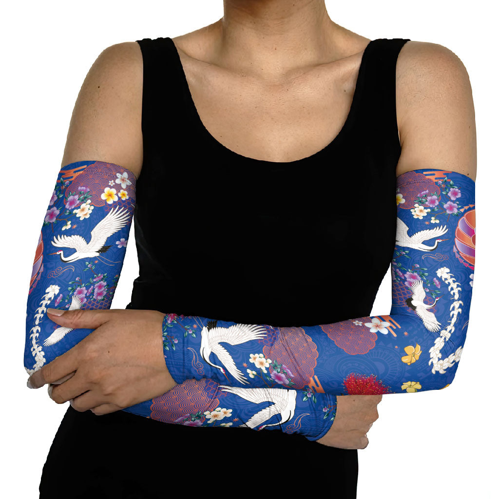 Hawaiian and Japanese Culture Together Arm Sleeves Kakau Tribal Pattern and Irezumi Art Blue Color