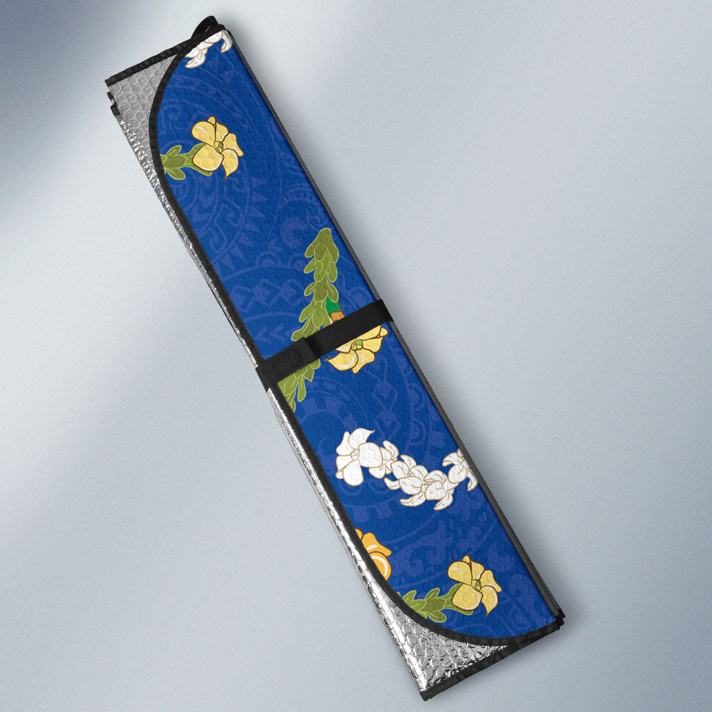 Hawaiian and Japanese Culture Together Auto Sun Shade Kakau Tribal Pattern and Irezumi Art Blue Color
