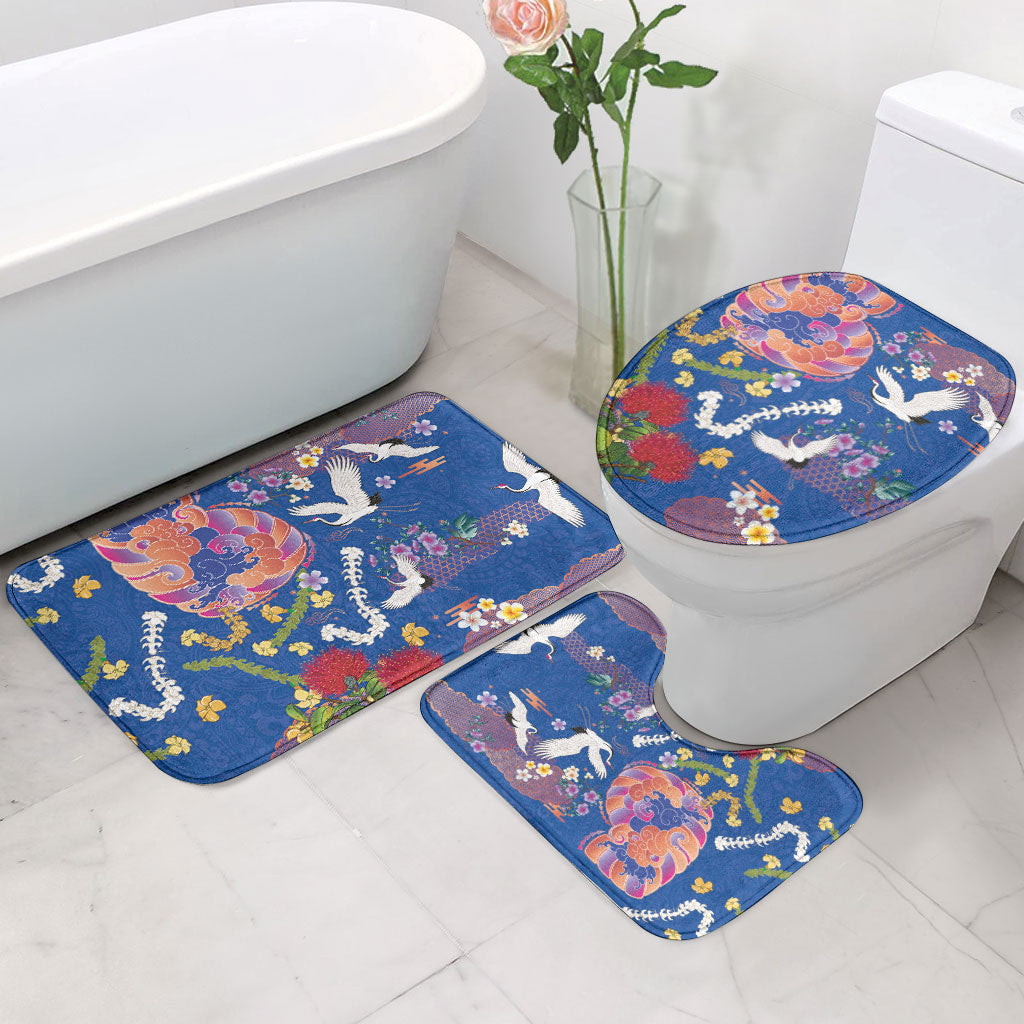 Hawaiian and Japanese Culture Together Bathroom Set Kakau Tribal Pattern and Irezumi Art Blue Color