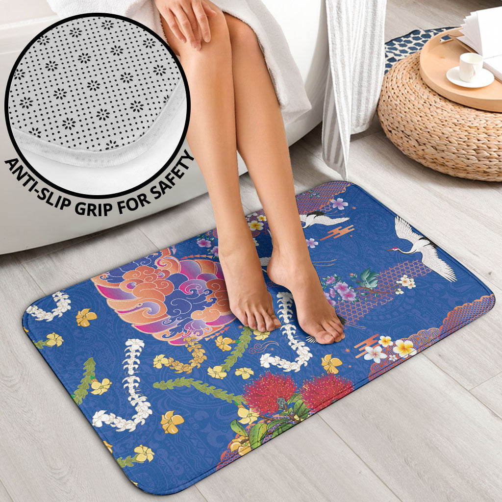 Hawaiian and Japanese Culture Together Bathroom Set Kakau Tribal Pattern and Irezumi Art Blue Color
