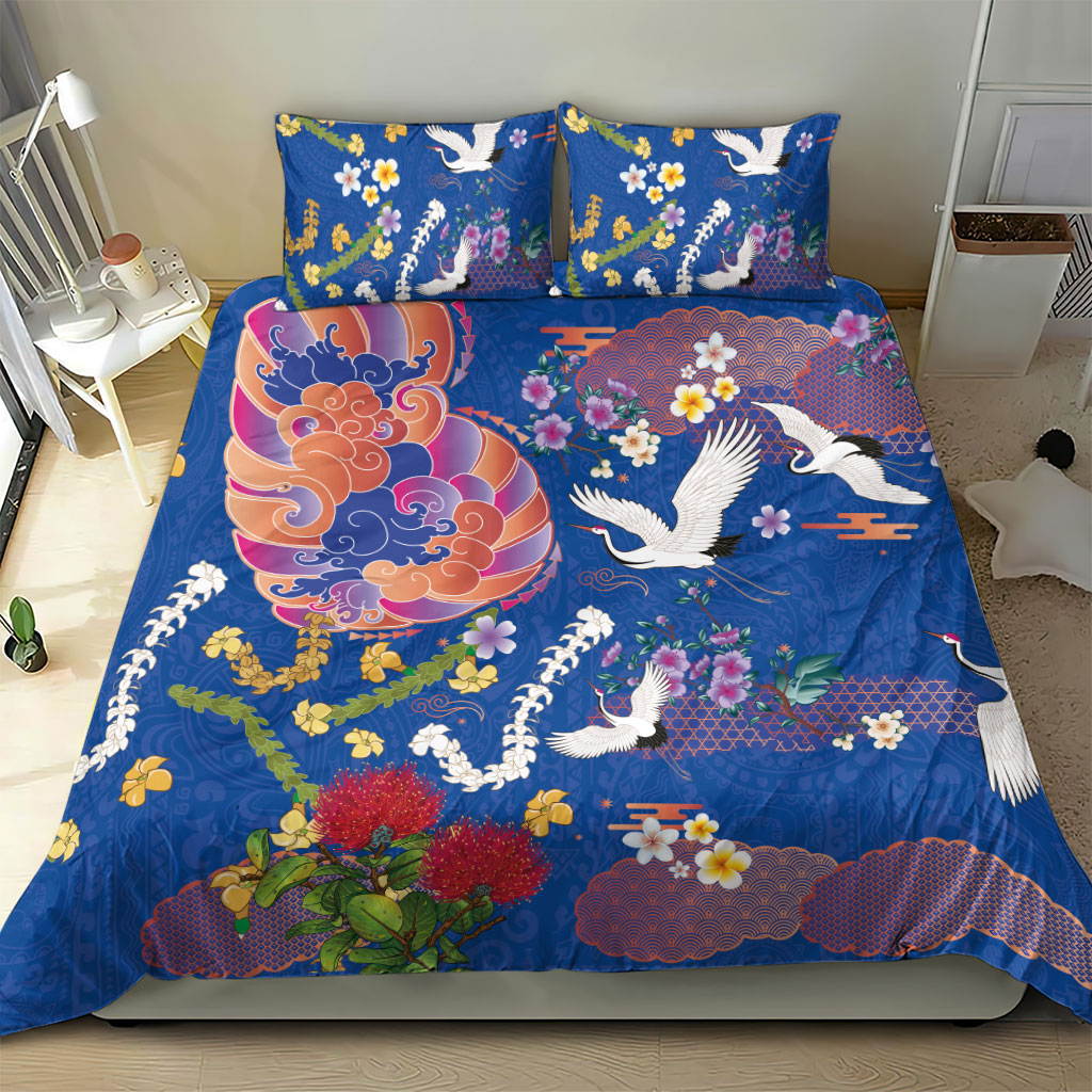 Hawaiian and Japanese Culture Together Bedding Set Kakau Tribal Pattern and Irezumi Art Blue Color