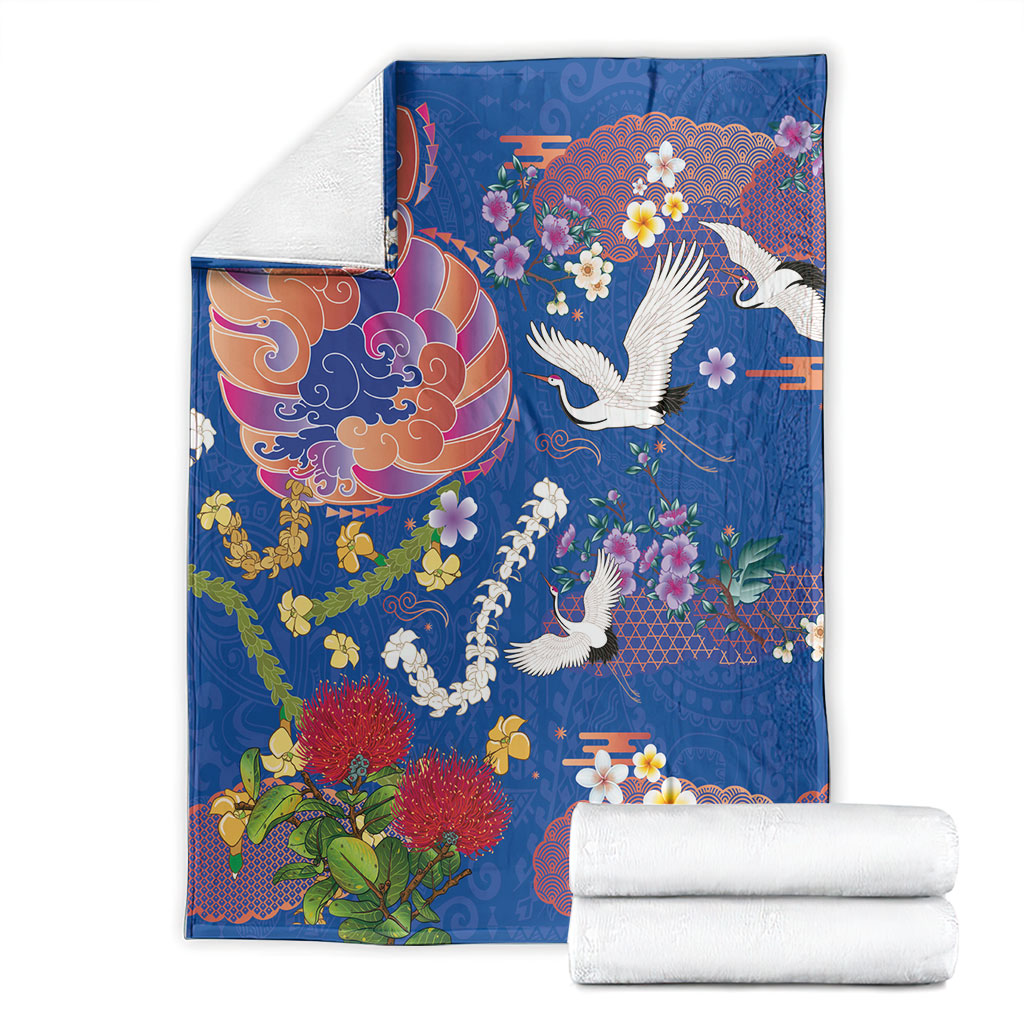 Hawaiian and Japanese Culture Together Blanket Kakau Tribal Pattern and Irezumi Art Blue Color
