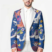 Hawaiian and Japanese Culture Together Blazer Kakau Tribal Pattern and Irezumi Art Blue Color