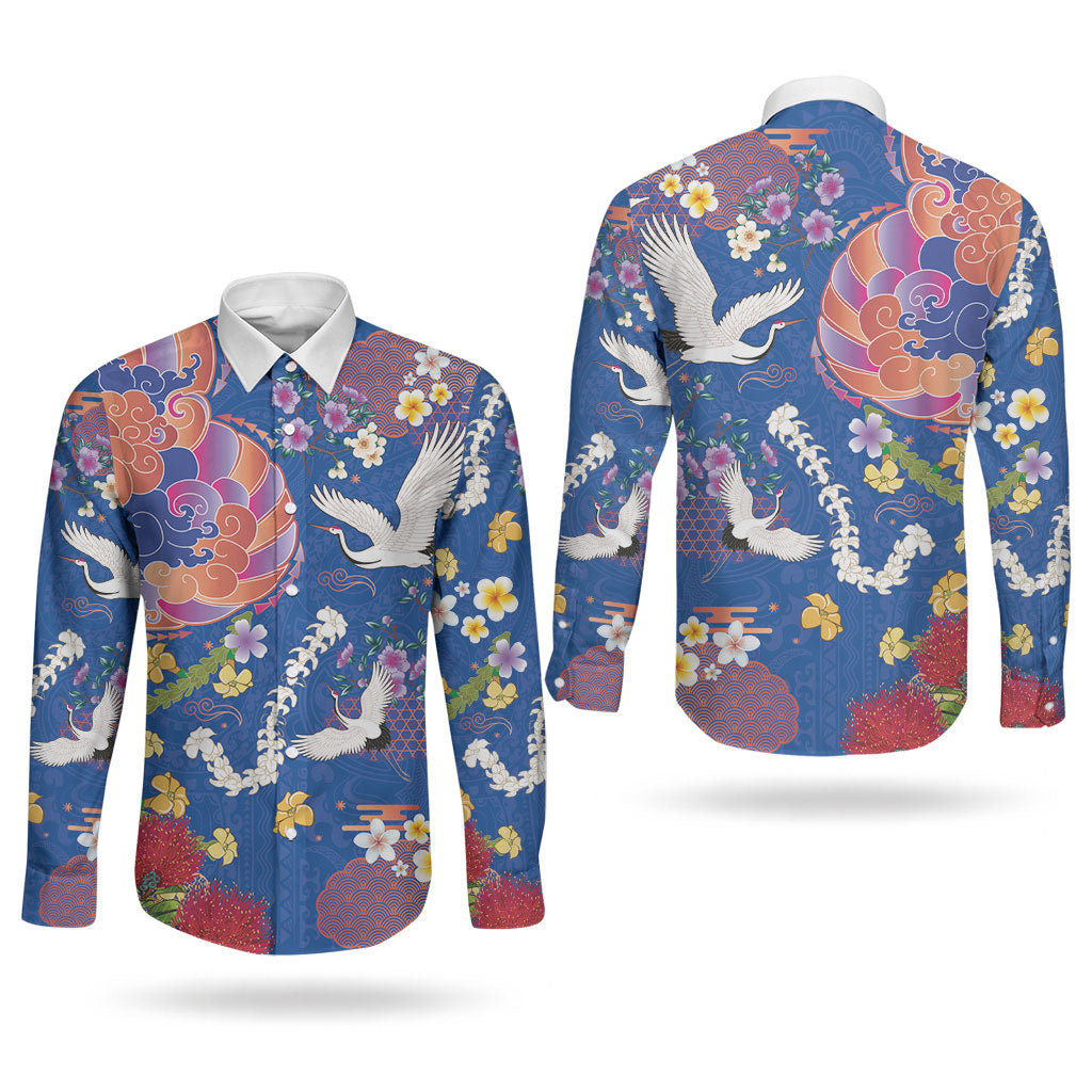 Hawaiian and Japanese Culture Together Couples Matching Mermaid Dress and Long Sleeve Button Shirt Kakau Tribal Pattern and Irezumi Art Blue Color