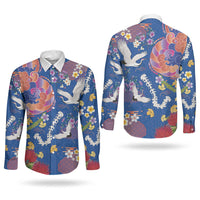 Hawaiian and Japanese Culture Together Couples Matching Mermaid Dress and Long Sleeve Button Shirt Kakau Tribal Pattern and Irezumi Art Blue Color
