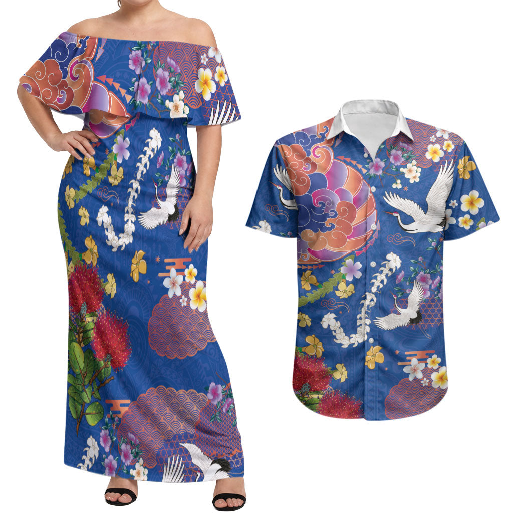 Hawaiian and Japanese Culture Together Couples Matching Off Shoulder Maxi Dress and Hawaiian Shirt Kakau Tribal Pattern and Irezumi Art Blue Color