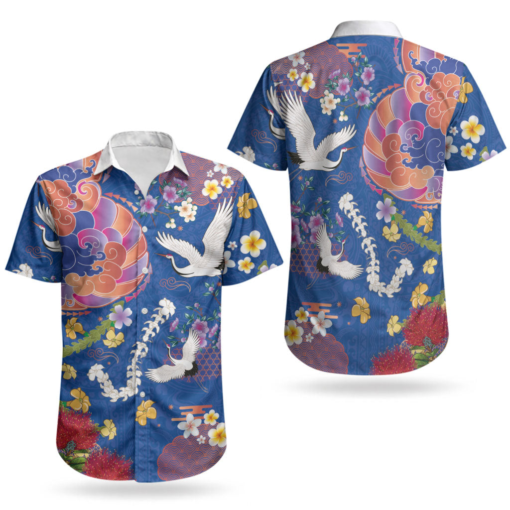 Hawaiian and Japanese Culture Together Couples Matching Puletasi and Hawaiian Shirt Kakau Tribal Pattern and Irezumi Art Blue Color
