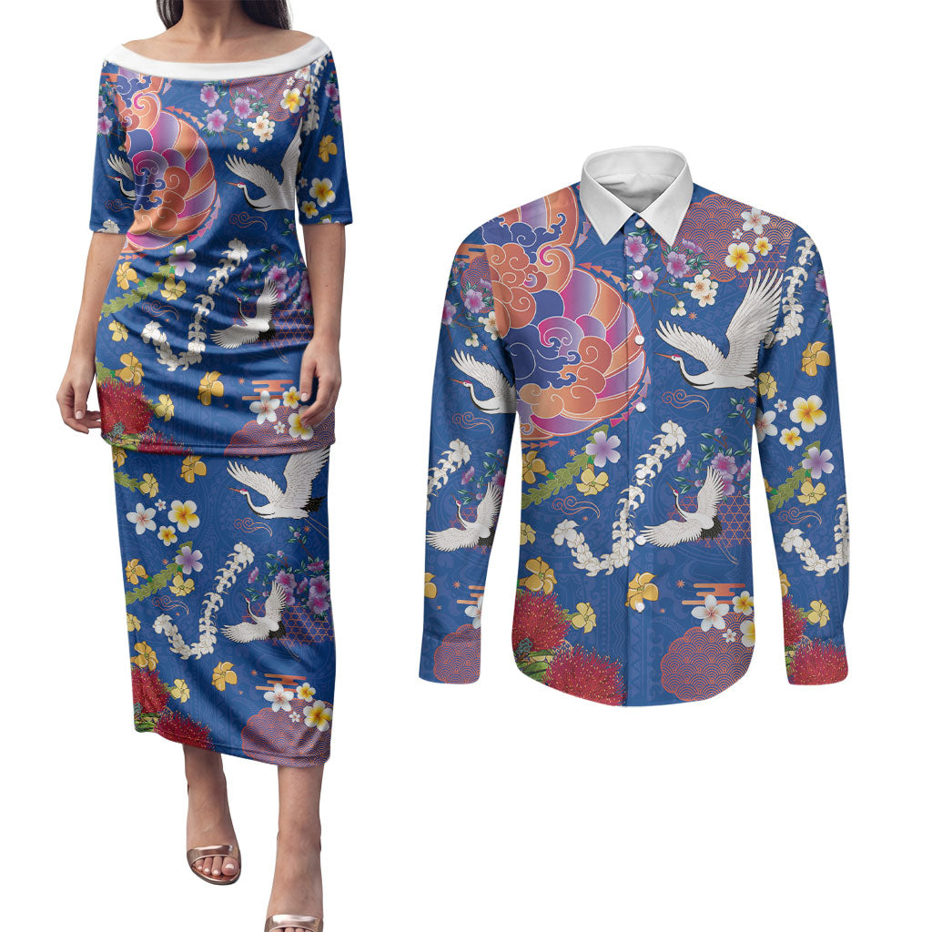 Hawaiian and Japanese Culture Together Couples Matching Puletasi and Long Sleeve Button Shirt Kakau Tribal Pattern and Irezumi Art Blue Color LT03 Blue - Polynesian Pride