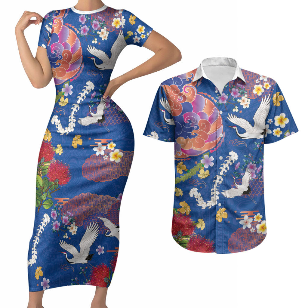 Hawaiian and Japanese Culture Together Couples Matching Short Sleeve Bodycon Dress and Hawaiian Shirt Kakau Tribal Pattern and Irezumi Art Blue Color