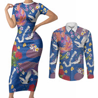 Hawaiian and Japanese Culture Together Couples Matching Short Sleeve Bodycon Dress and Long Sleeve Button Shirt Kakau Tribal Pattern and Irezumi Art Blue Color
