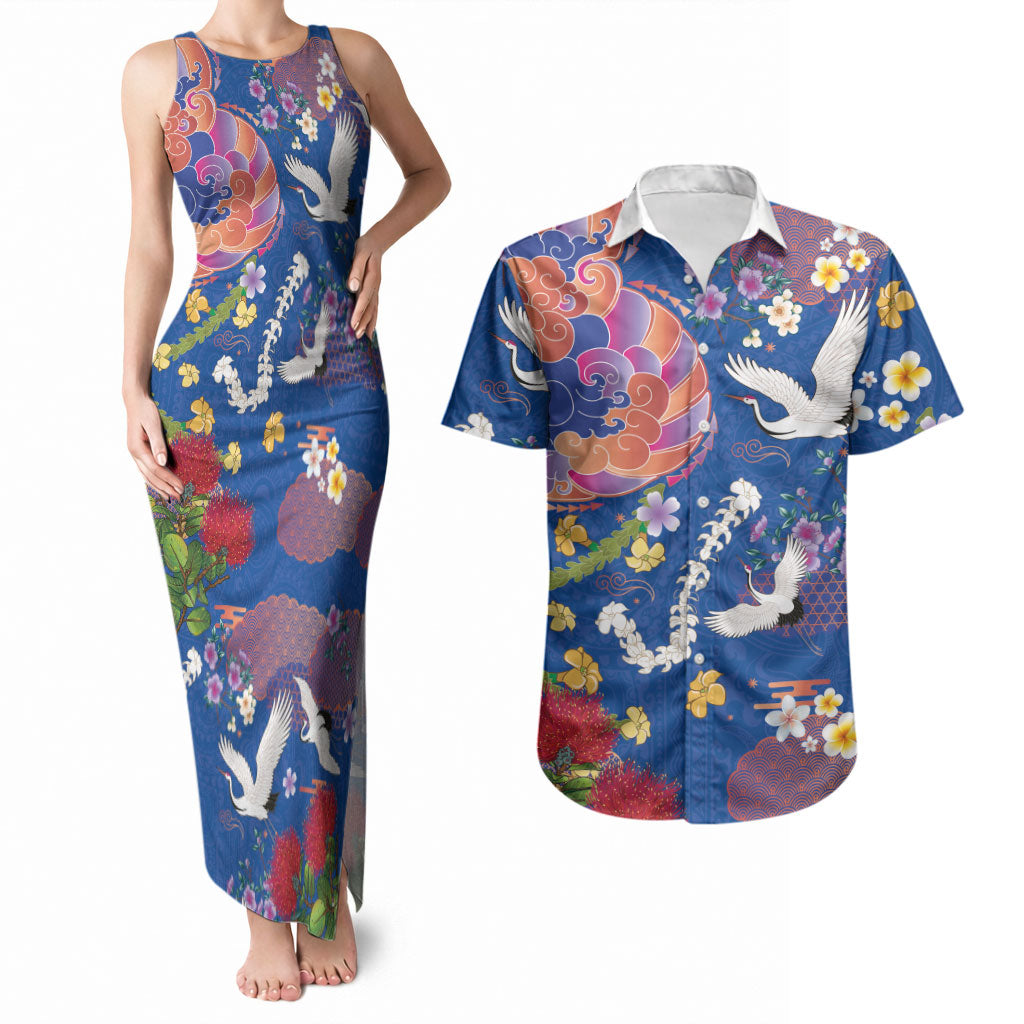 Hawaiian and Japanese Culture Together Couples Matching Tank Maxi Dress and Hawaiian Shirt Kakau Tribal Pattern and Irezumi Art Blue Color LT03 Blue - Polynesian Pride