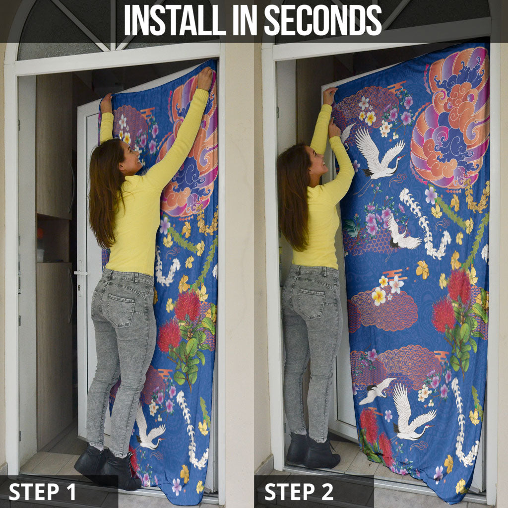 Hawaiian and Japanese Culture Together Door Cover Kakau Tribal Pattern and Irezumi Art Blue Color