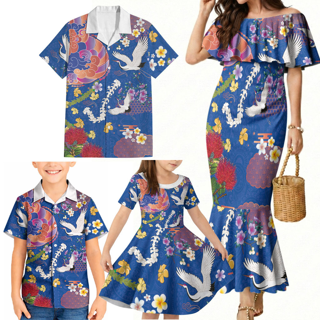 Hawaiian and Japanese Culture Together Family Matching Mermaid Dress and Hawaiian Shirt Kakau Tribal Pattern and Irezumi Art Blue Color LT03 - Polynesian Pride