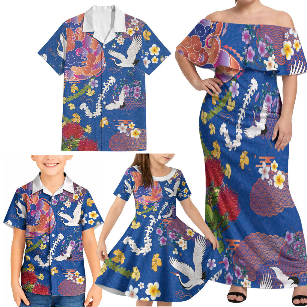 Hawaiian and Japanese Culture Together Family Matching Off Shoulder Maxi Dress and Hawaiian Shirt Kakau Tribal Pattern and Irezumi Art Blue Color LT03 - Polynesian Pride