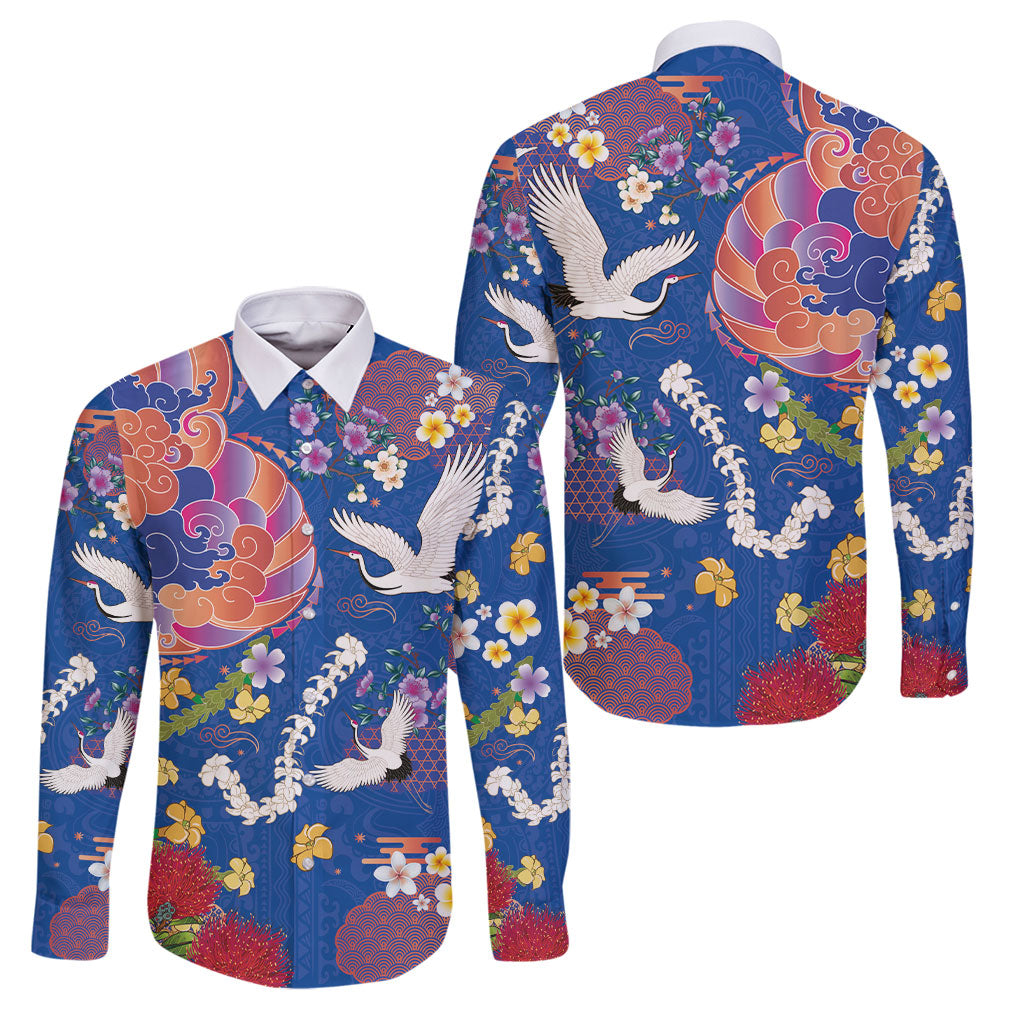 Hawaiian and Japanese Culture Together Family Matching Off Shoulder Short Dress and Hawaiian Shirt Kakau Tribal Pattern and Irezumi Art Blue Color