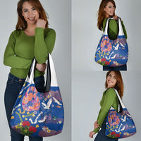 Hawaiian and Japanese Culture Together Grocery Bag Kakau Tribal Pattern and Irezumi Art Blue Color
