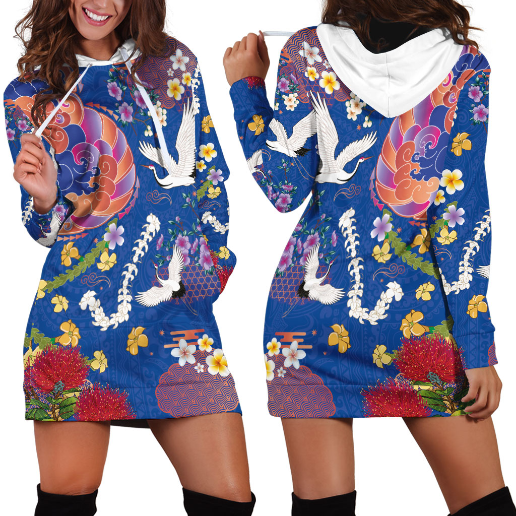 Hawaiian and Japanese Culture Together Hoodie Dress Kakau Tribal Pattern and Irezumi Art Blue Color