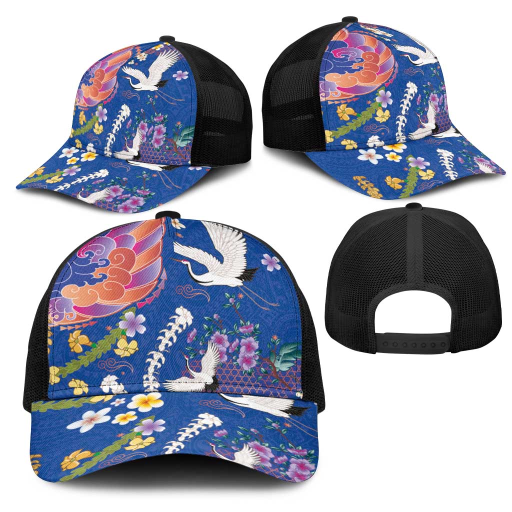 Hawaiian and Japanese Culture Together Mesh Trucker Cap Kakau Tribal Pattern and Irezumi Art Blue Color